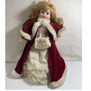 VTG Danasty‎ Doll Collection Porcelain Doll Red Velvet Fur Trimmed Coat Christms